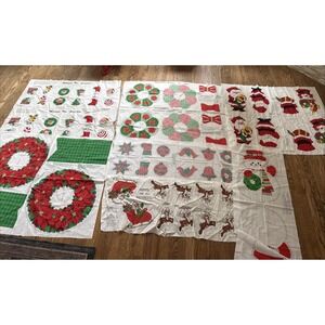 Vintage Set Of 7 Christmas Wreath Ornaments Snowman Cut & Sew Cotton Panels